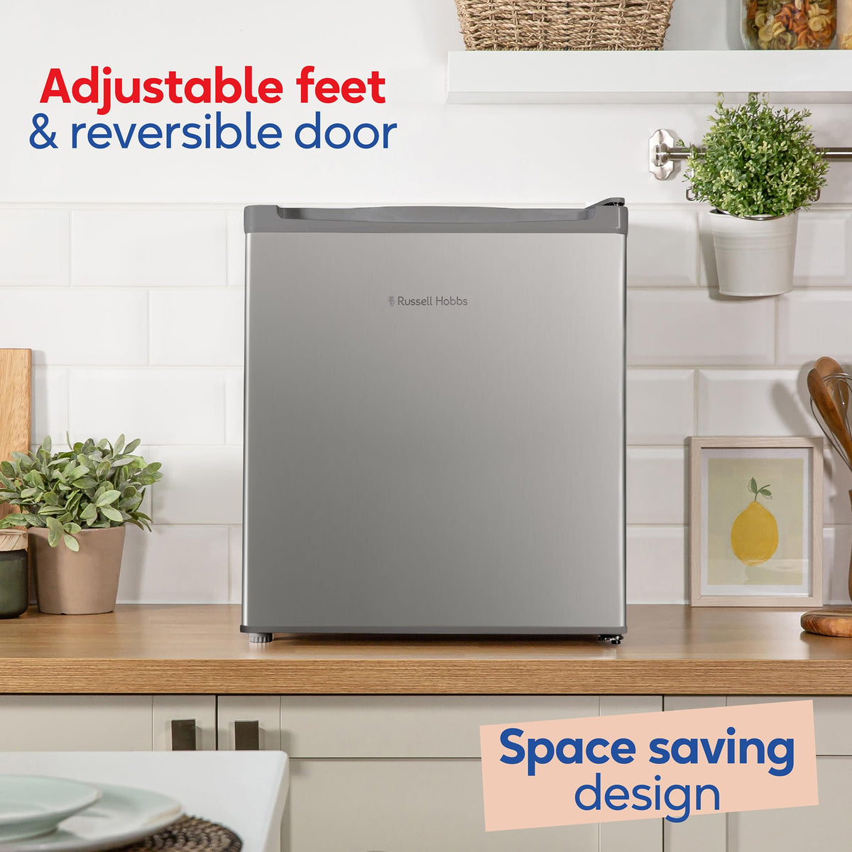 Russell Hobbs Table Top Larder Mini Fridge 66L Capacity, Reversible Door & Adjustable Feet, 0 to 8 Degrees Manual Temperature Control, Silver RH67TTLF0E1SS