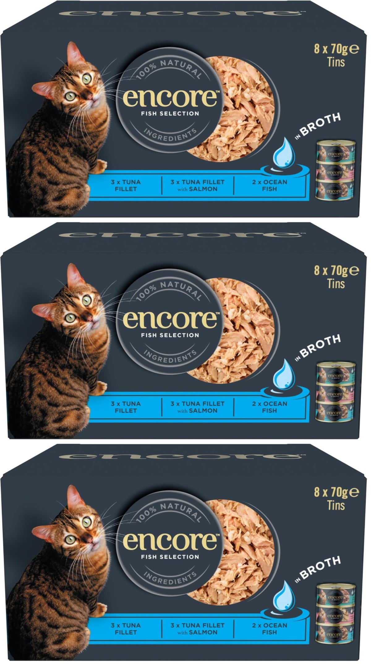 Encore Natural Wet Adult Cat Food, Fish Selection in Broth, 8x70g Tins