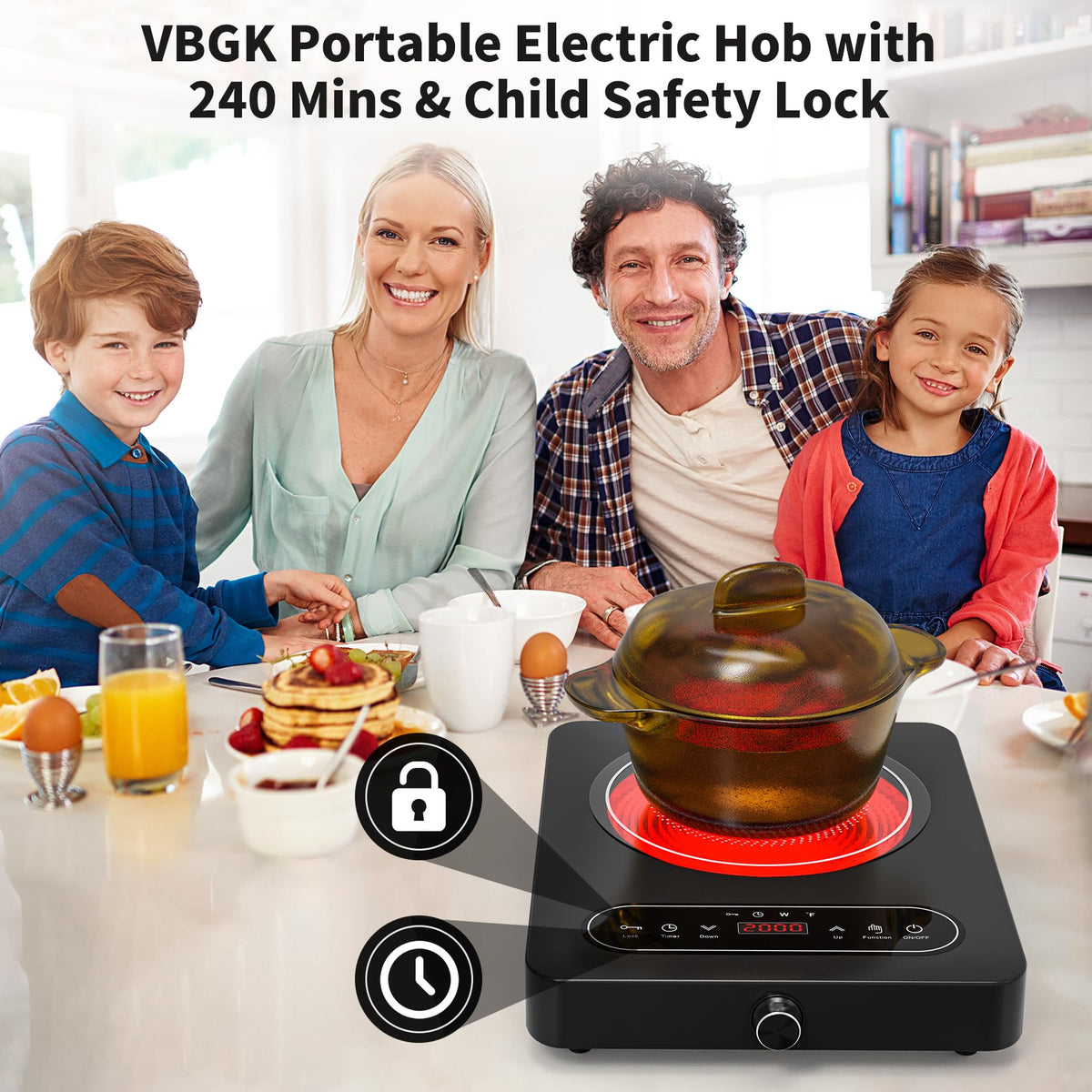 VBGK Double Induction Hob,220V 3600W 2 Ring Induction Hob with Knob Control,9 Power Levels, Kids Lock & Timer,LED Touch Control,Overheat Protection