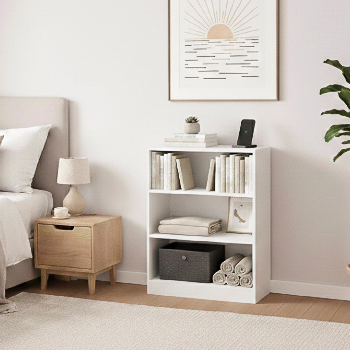 Vida Designs Cambridge 3 Tier Low Bookcase, White Wooden Shelving Display Storage Unit Office Living Room Furniture