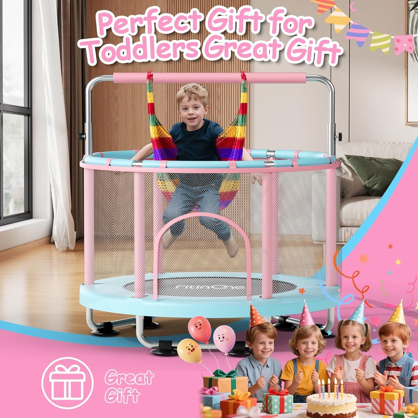 FitinOne 55" Toddler Trampoline with Safety Net, Gymnastics Bar, Swing & Rings