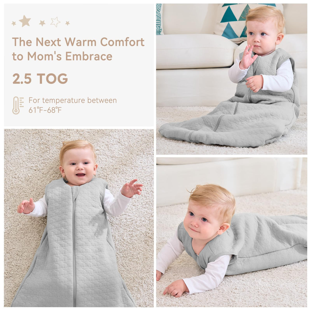 Unnivoll Baby Sleeping Bag 2.5 Tog 0-6 Months 100% Cotton Winter Sleeping Bag Baby 2-Way Zipper Quilted Sleep Sack for Newbron Infant Warm Soft Apricot