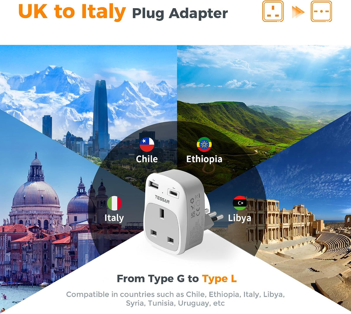 TESSAN UK to Italy Plug Adapter, Grounded Type L Travel Adaptor with USB C