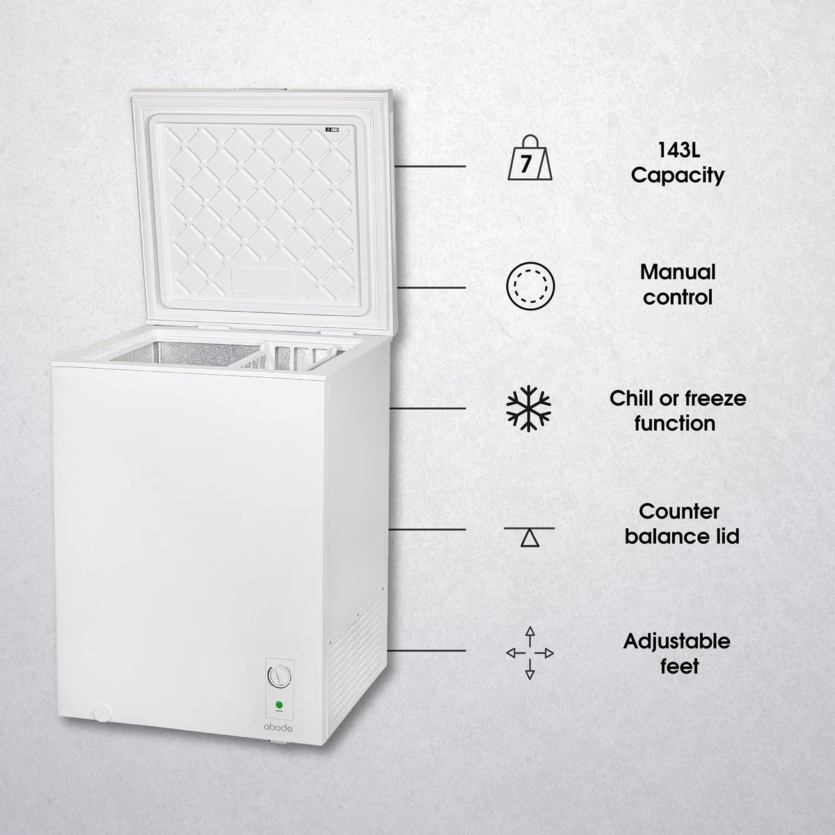 Abode Freestanding White Chest Freezer 99L with Removable Wire Basket & Counter Balance Lid, Adjustable Thermostat, 4 Star Freezer, Suitable for Garages & Outbuildings A99CF0E1W