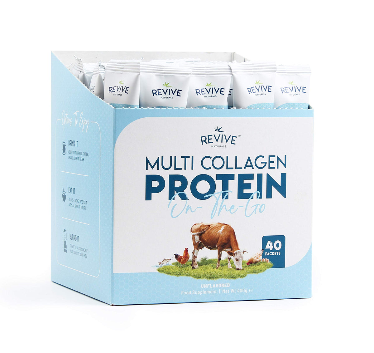 Multi Collagen Protein Powder 400g - Types I, II, III, V & X - Hydrolyzed Grass Fed Bovine, Wild Caught Fish, & Free-Range Chicken & Eggshell Collagen by Revive Naturals