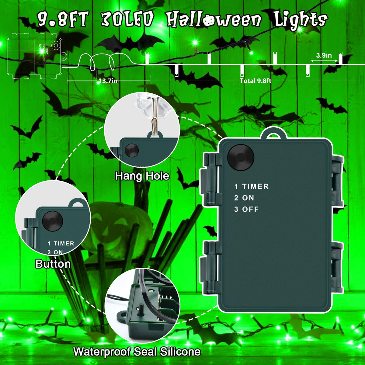 Gcstnn Battery Fairy Lights, 3M/9.8Ft 30LED Battery Powered Fairy Lights Indoor Outdoor with 6h Timer Waterproof String Lights On Green Cable,for Bedroom Christmas Tree Decorations,Garden-Cool White