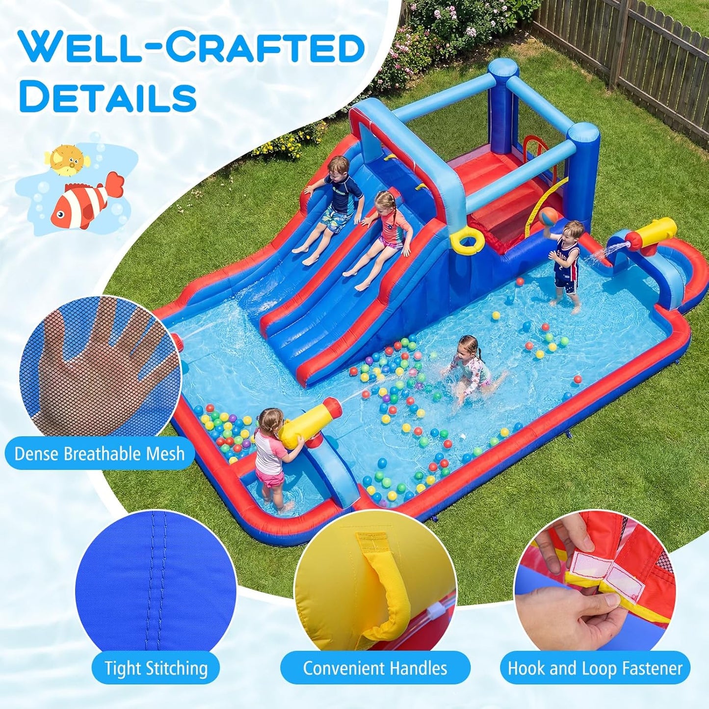 COSTWAY 5-in-1 Inflatable Water Park with Dual Slides, Climbing Wall & Splash Pool — Ages 3-12