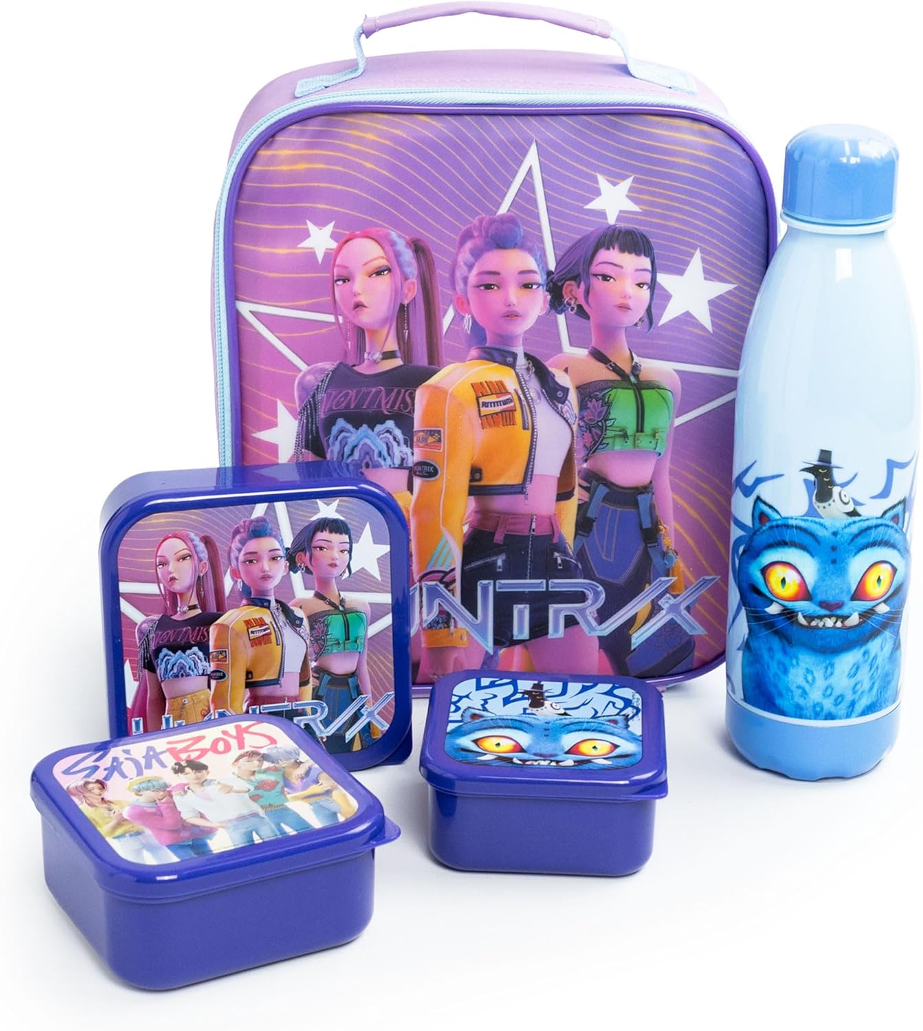 KPop Demon Hunters Purple Lunch Bag | Insulated Food Container with Bottle & 3 Snack Pots | Cartoon Character School Lunchbox | K-Pop Demon Hunters Merch