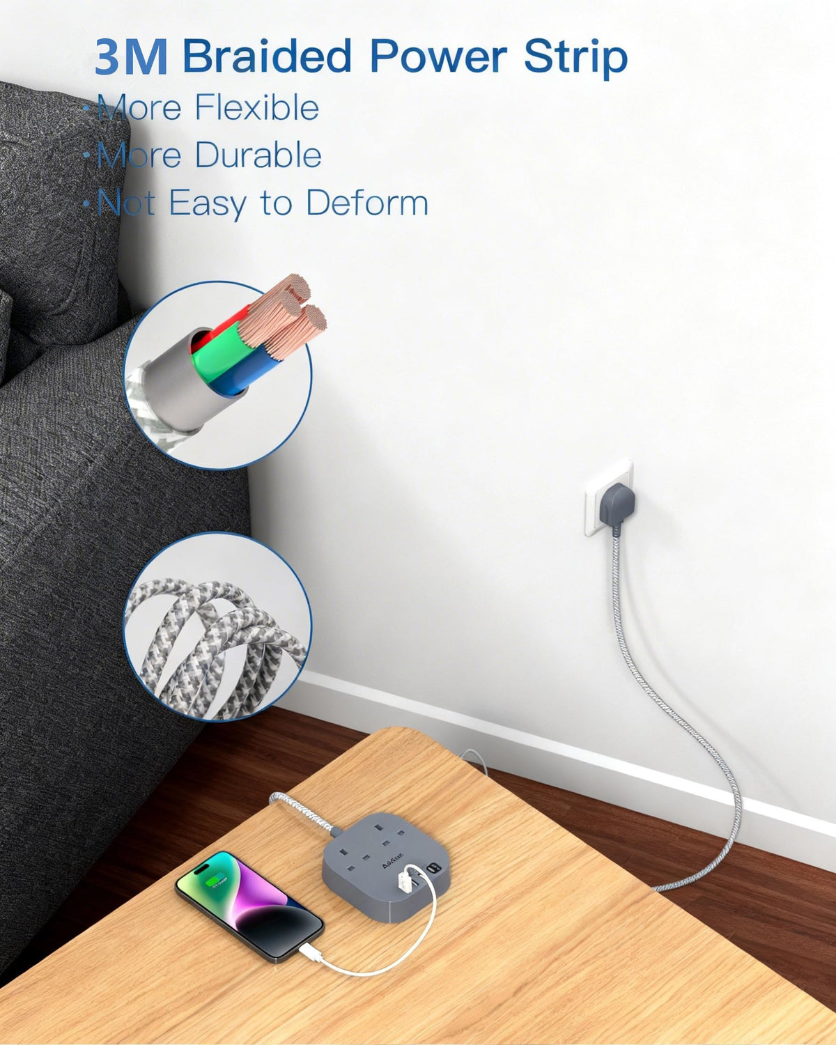 Addtam 3M Extension Lead with USB Slots, Power Strips with 2AC Outlets 4USB