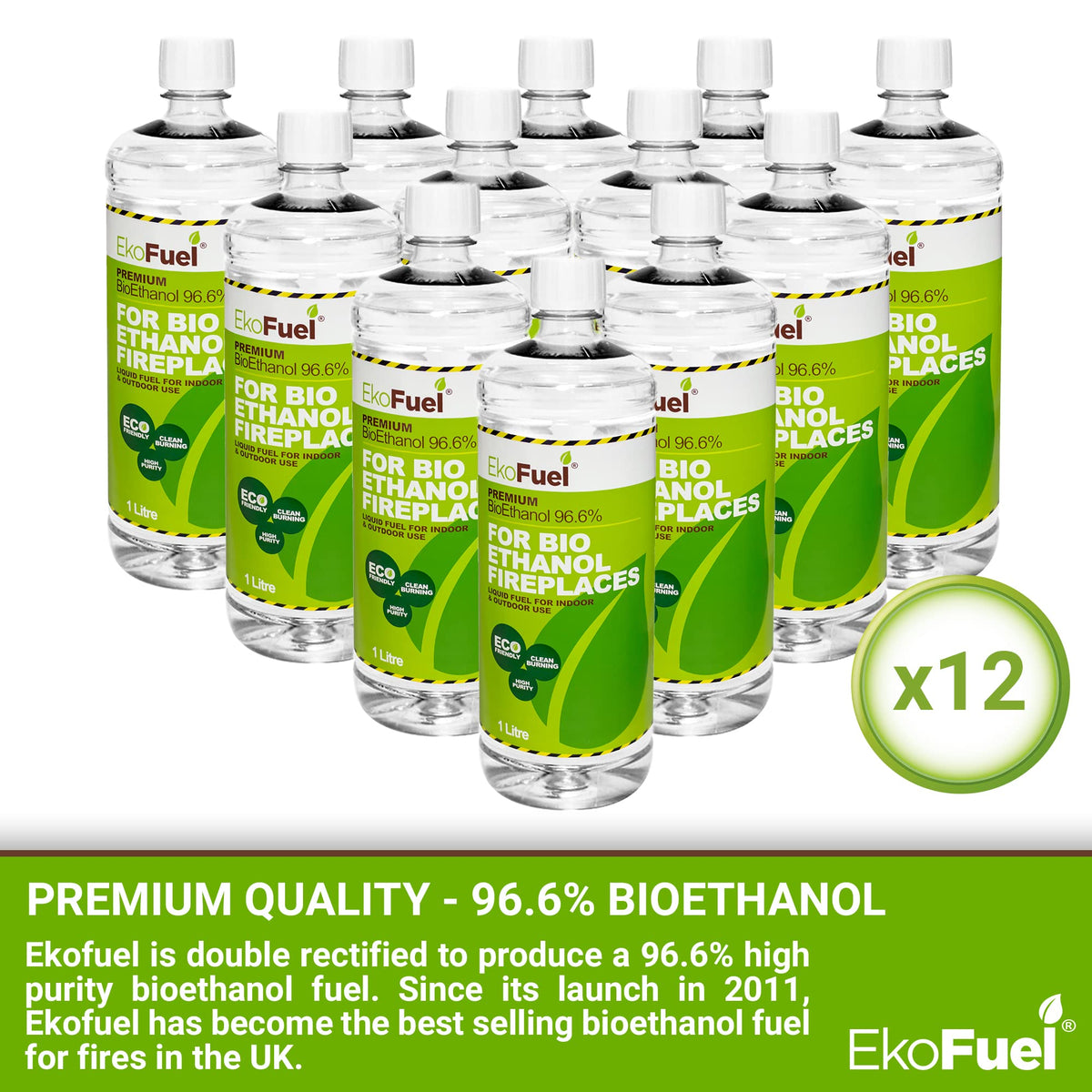 EKOFUEL (12 x 1 Litre) Premium Bioethanol Fuel – Liquid Fuel for Fires Pits, Fireplace | High Purity Clean Burning Bio | Indoor & Outdoor Ethanol Fuel