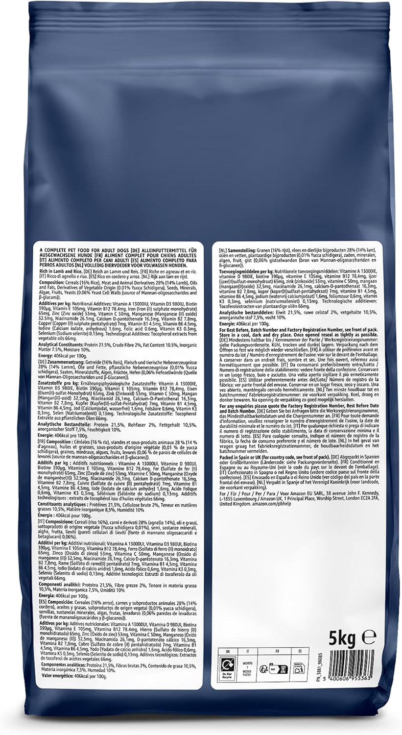by Amazon - Complete Dry Dog Food for Adult Dogs, Rich in Lamb and Rice, 1 Pack of 5kg