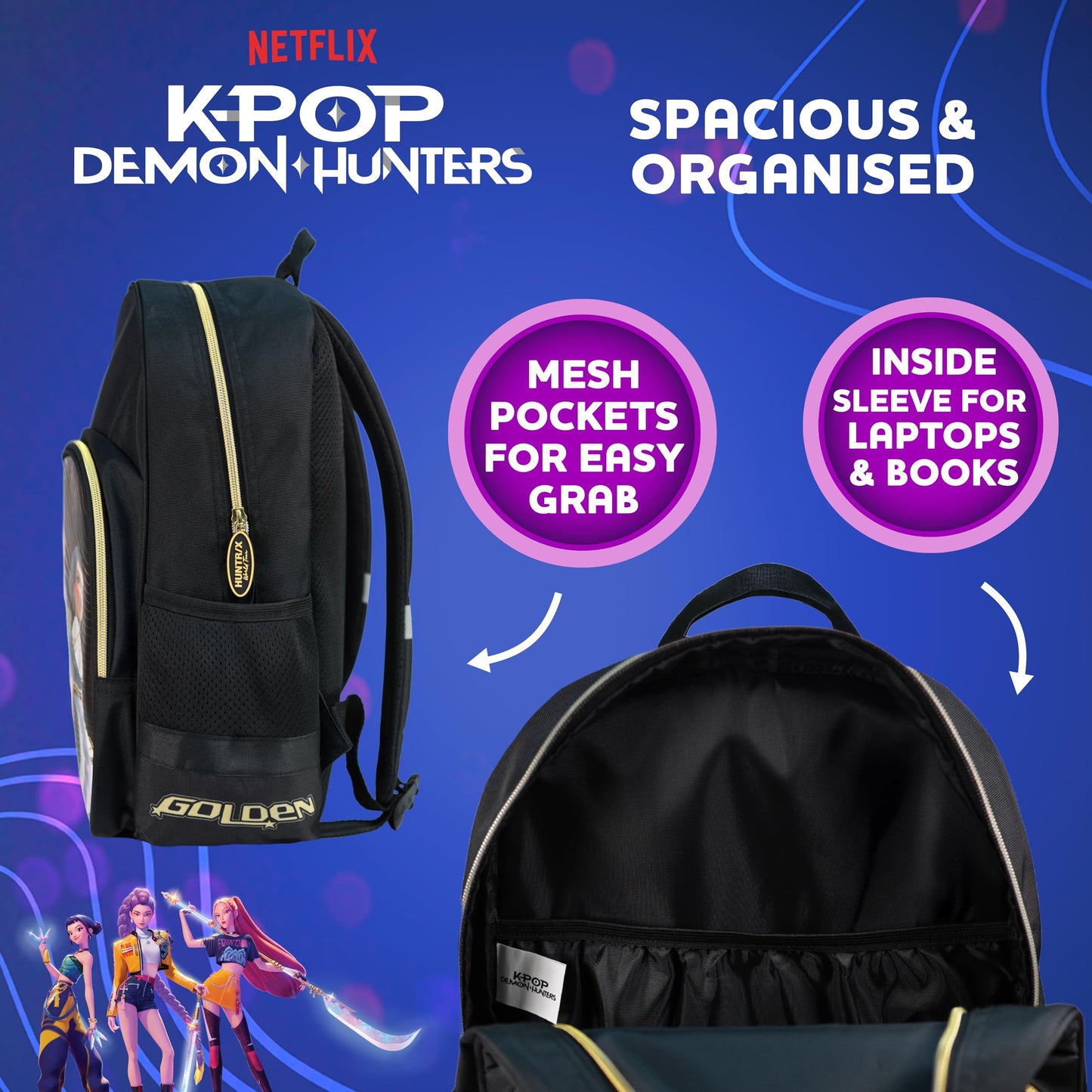 Blue Sky Studios KPop Demon Hunters HUNTR/X Backpack - Official Merchandise - Lightweight Kids School Bag with Padded Straps, Front Pocket & Silver Holographic Details - 36cm K-Pop Purple Rucksack