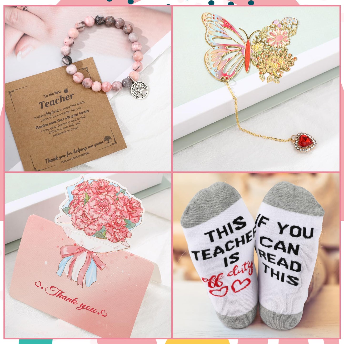 saerryor Teacher Present for Women,20oz WhiteTeacher Travel Mug Makeup Bag Bookmarks Stone Braclect Greeting Card Thank You for End of Term Back to School, White