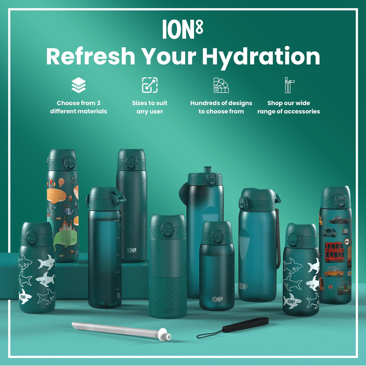 Ion8 Water Bottle, 500 ml/18 oz, Leak Proof, Easy to Open, Secure Lock, Dishwasher Safe, Hygienic Flip Cover, Carry Handle, Fits Cup Holders, Easy Clean, Hot Pink