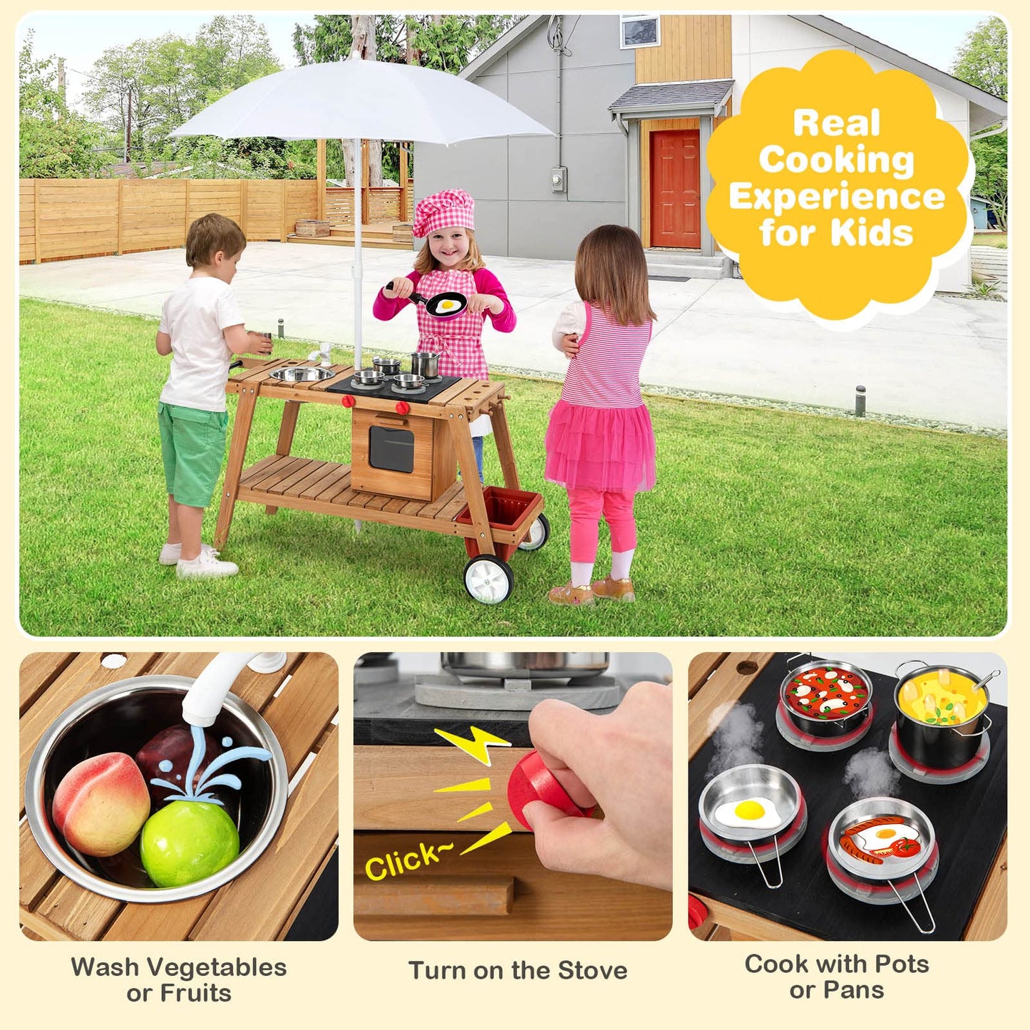 COSTWAY Wooden Mud Kitchen, Outdoor Kitchen Playset with Umbrella, Sink, Storage Cabinet and Accessories, Wheeled Role Pretend Cooking Cart for Kids Toddlers (Natural+White)