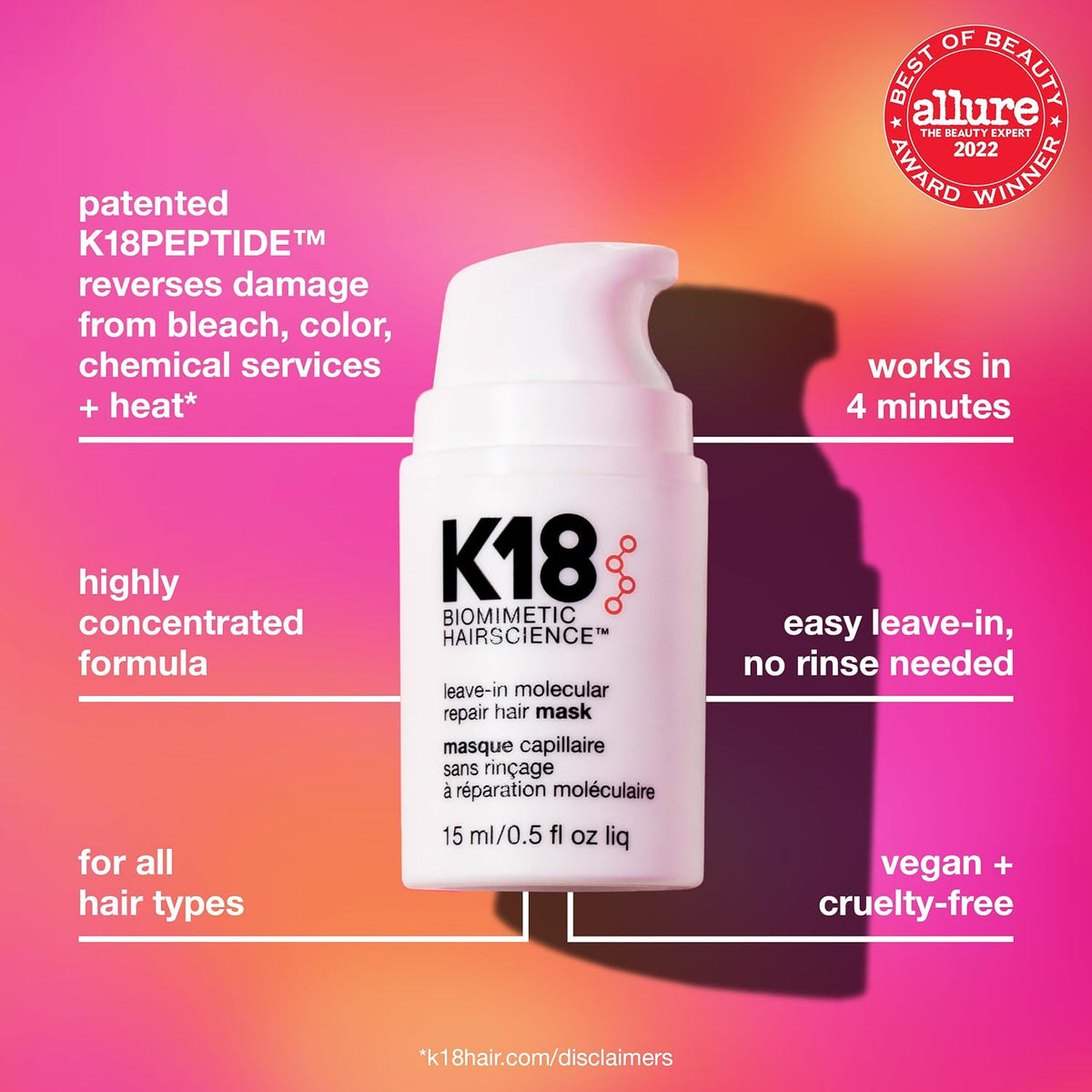 K18 Leave-In Molecular Hair Mask, Repairs Dry or Damaged Hair, Reverse Hair Damage from Bleach, Colour, Chemical Services & Heat