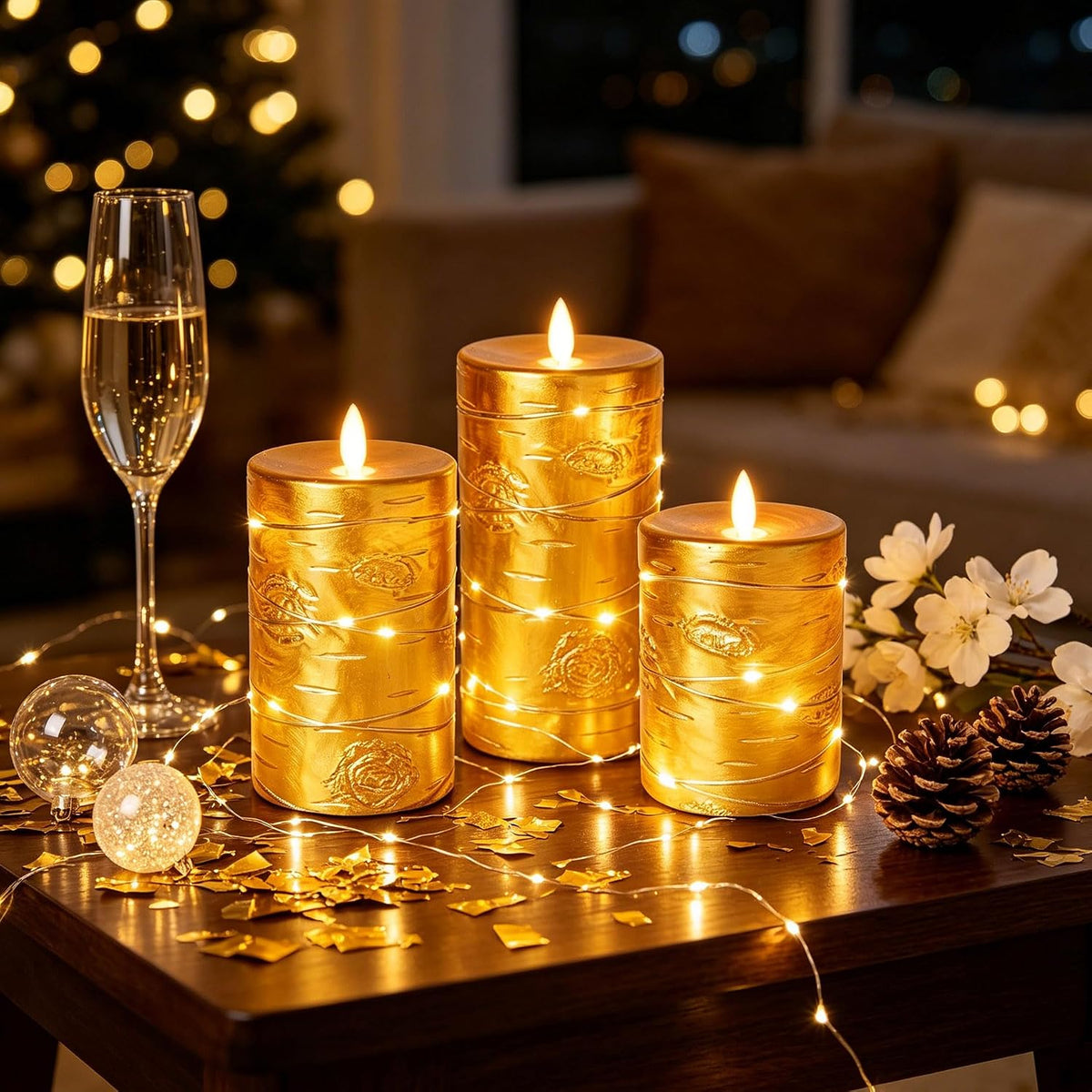 Da by 3 Pack Ivory Flameless LED Candles with Fairy Lights, Realistic Moving Flame Paraffin Wax Candles, Remote Control, Soft Warm Light, 8cm D x 12.5/14.5/16.5cm H, Indoor Wedding Home Decor