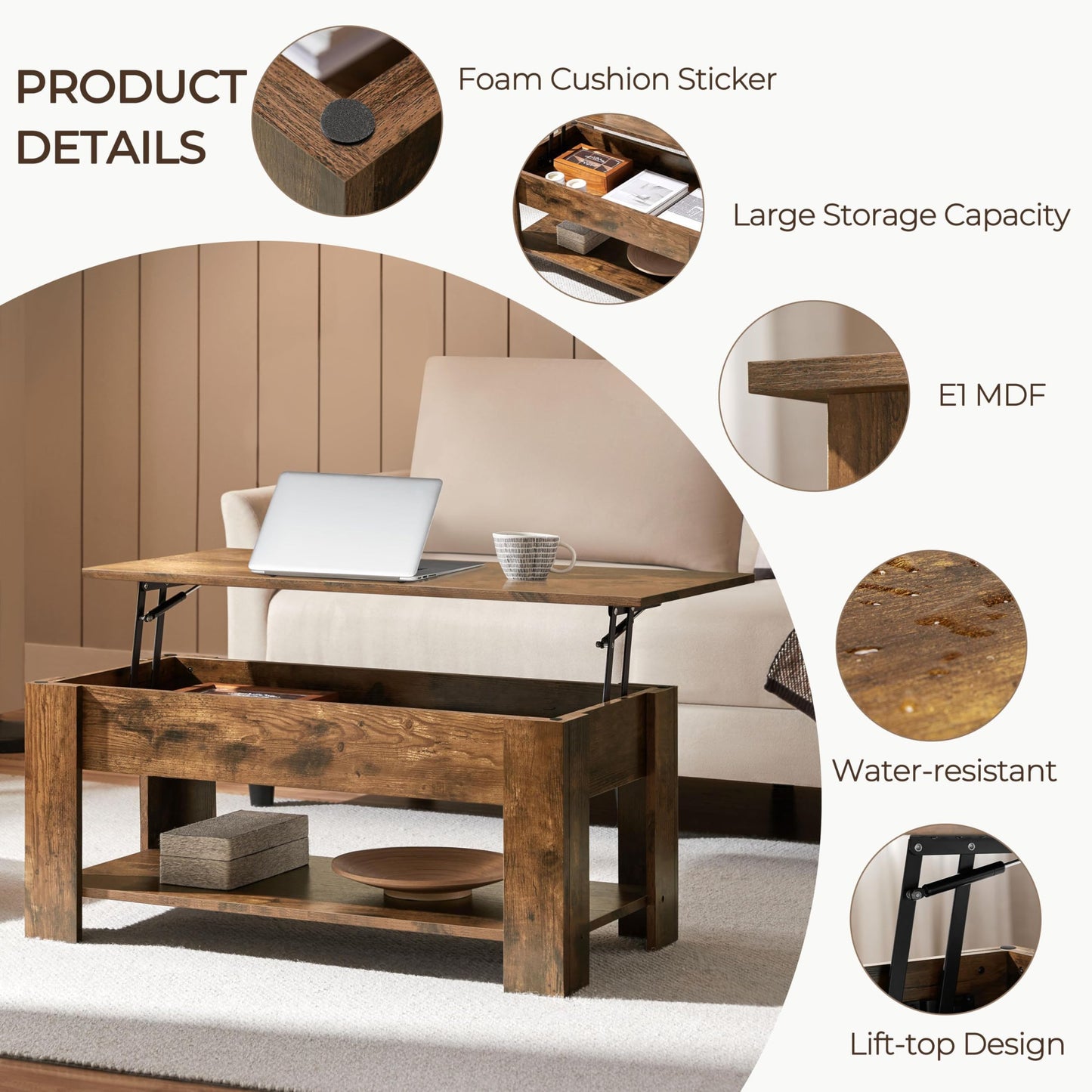 Yaheetech Lift Up Coffee Table, Wooden Lifting Coffee Table with Hidden Storage Drawer and Open Shelf, Space-saving Tea Tables for Living Room/Reception, Espresso