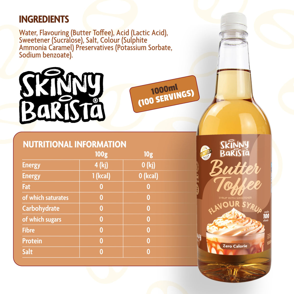 Skinny Food Co Butterscotch Syrup Zero Calorie 1L - Sugar Free Coffee Syrup