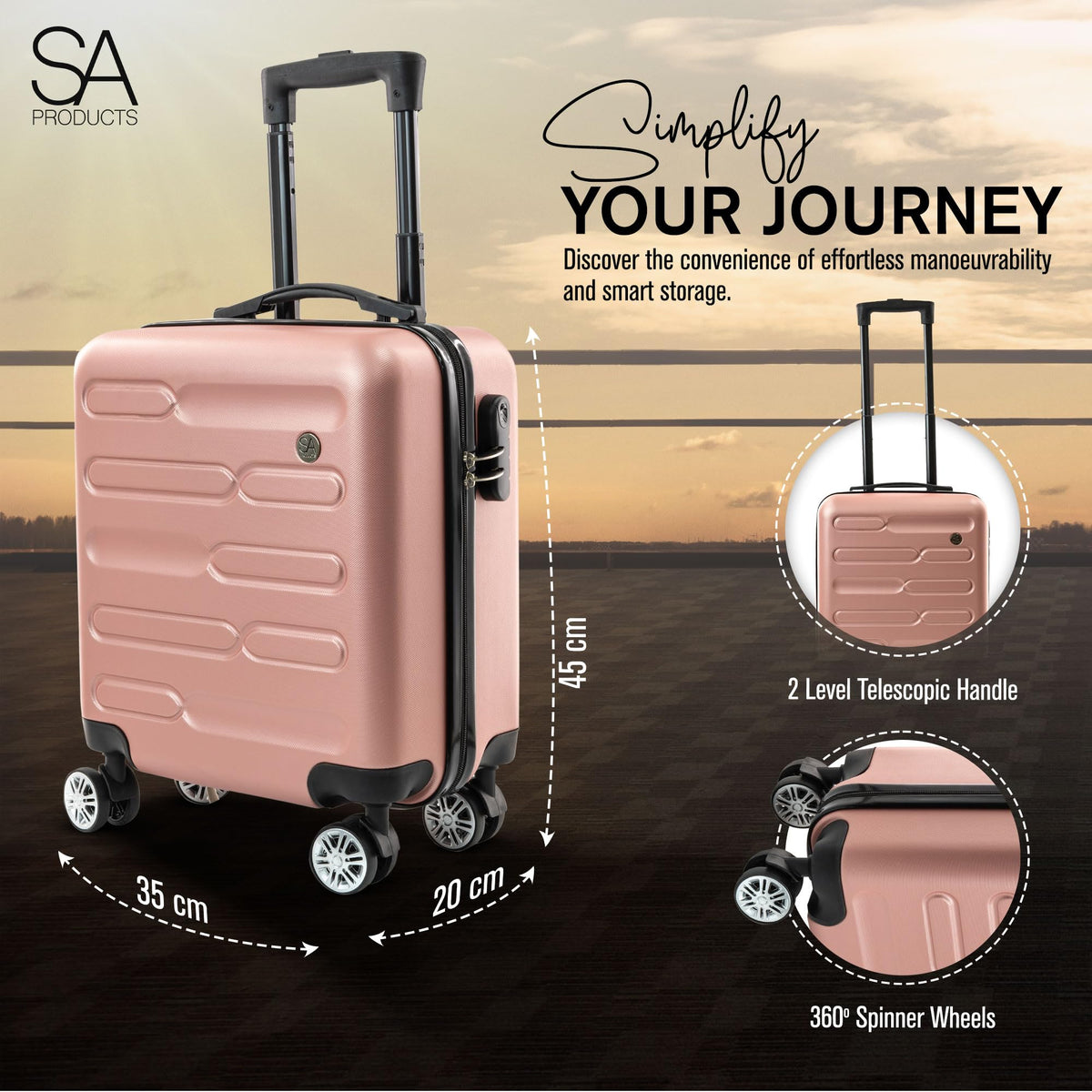 SA Products Cabin Suitcase - 34L Carry On Hard Shell Bag - 55x40x20 - Grey