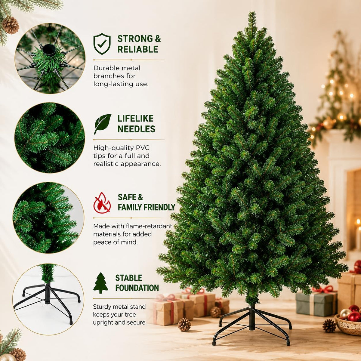 6ft (1.83M) Artificial Christmas Tree, Realistic Green with Metal Stand