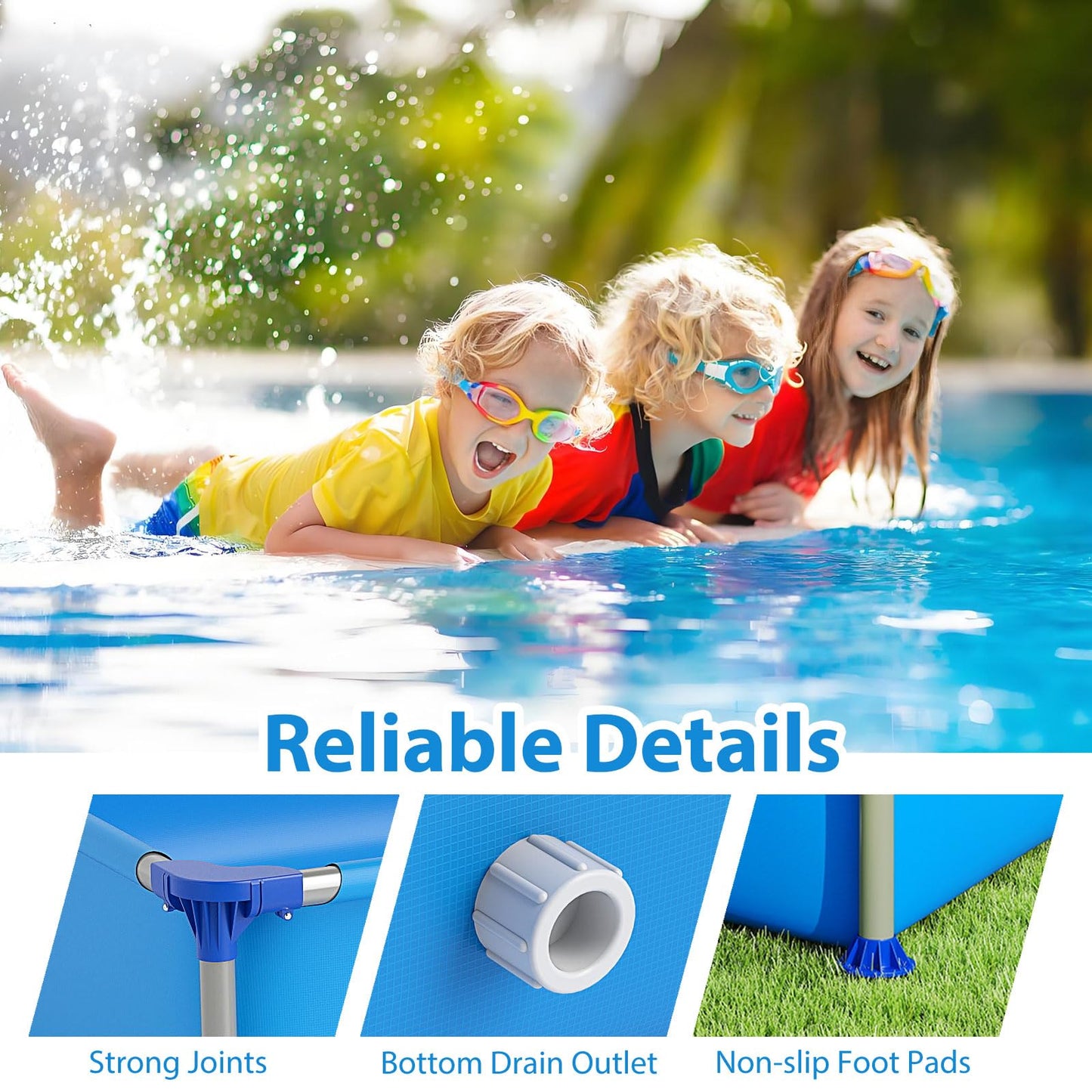 COSTWAY Above Ground Swimming Pool, Outdoor Round/Rectangular Large Framed Pool Set, Metal Frame Garden Family Pools for Kids and Adults (Gray, 300 x 207 x 66 cm, Rectangular)