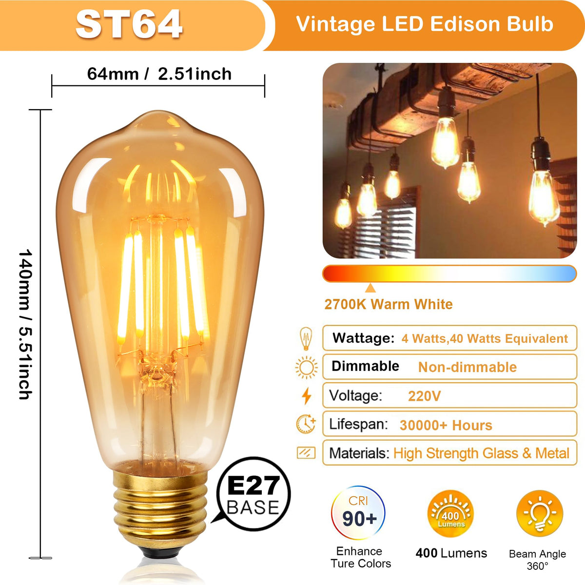 YUNRRD Vintage Light Bulb E27 Screw LED Edison Bulb,Warm White,4W,2Pcs