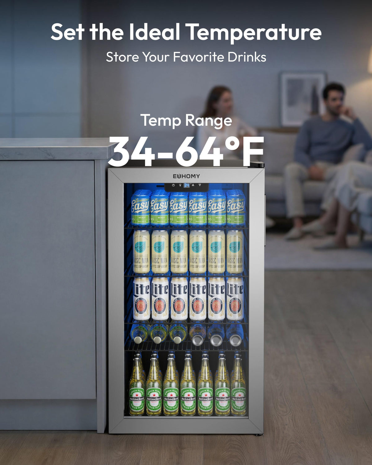 EUHOMY 93L Drinks Fridge, 126 Can Beer Fridge with Glass Door, Wine fridge with Adjustable Shelves for Soda Beer or Wine, Home/Bar/Office, Black, Steel, One-Touch Control [Energy Class F]