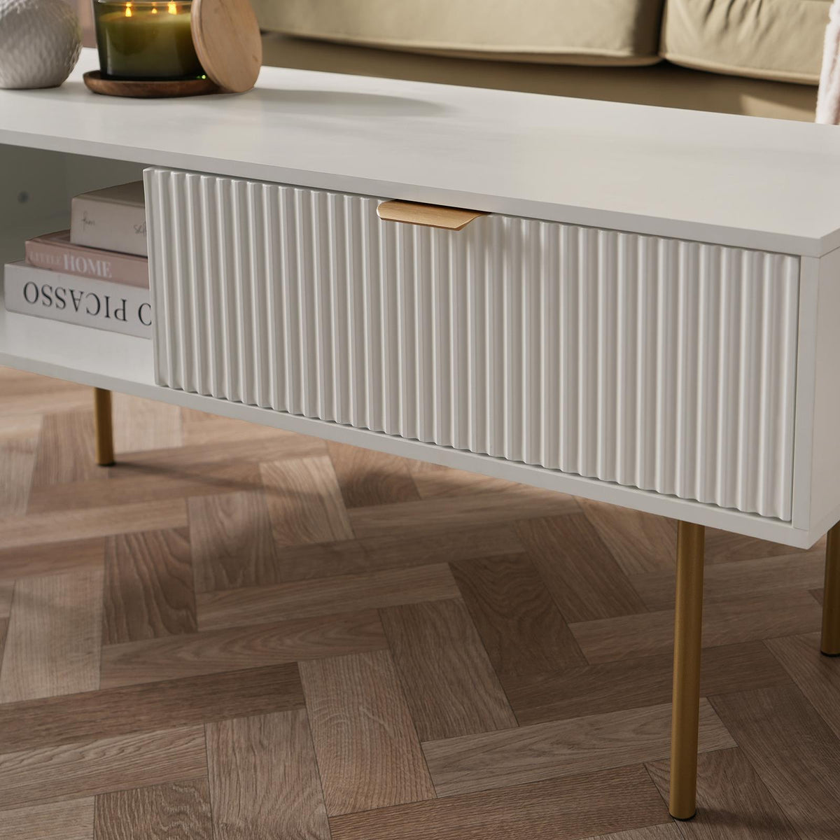 OHS Ribbed Coffee Table with Drawer Engineered Wood Shelf Storage Home Decor