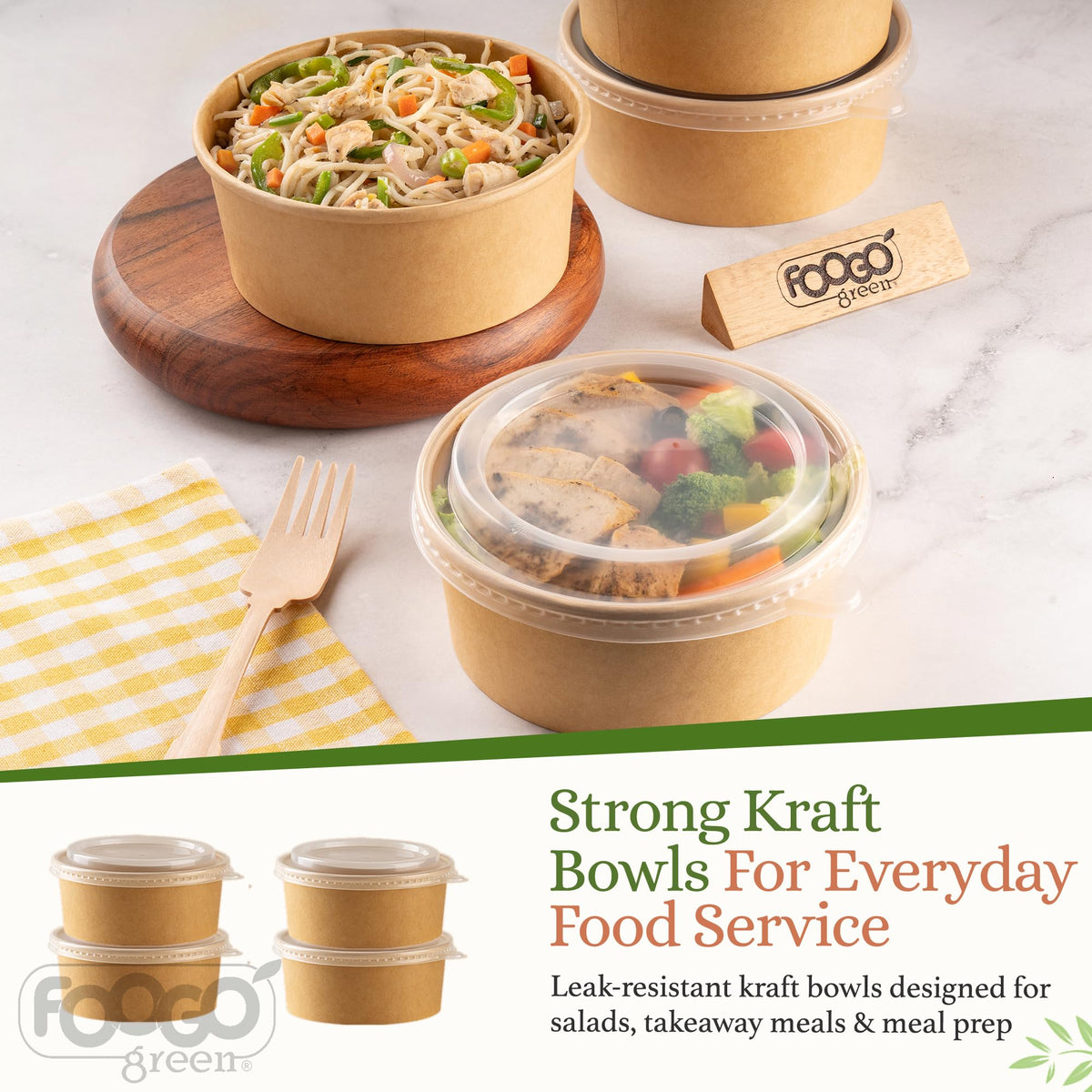 FOOGO Green 200Pcs 750ml 26oz Kraft Salad Bowls with Lids