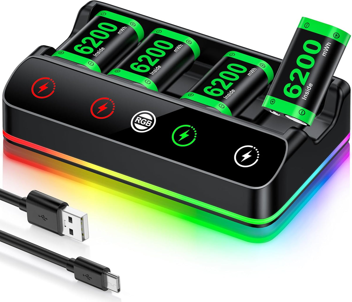 Rechargeable Battery Pack for Xbox One/Series Controller, 4x6200mWh Battery Pack with Charger/Cooling RGB/25H Playtime, Compatible with Xbox One/S/X/Elite 1, Series S/X Controller