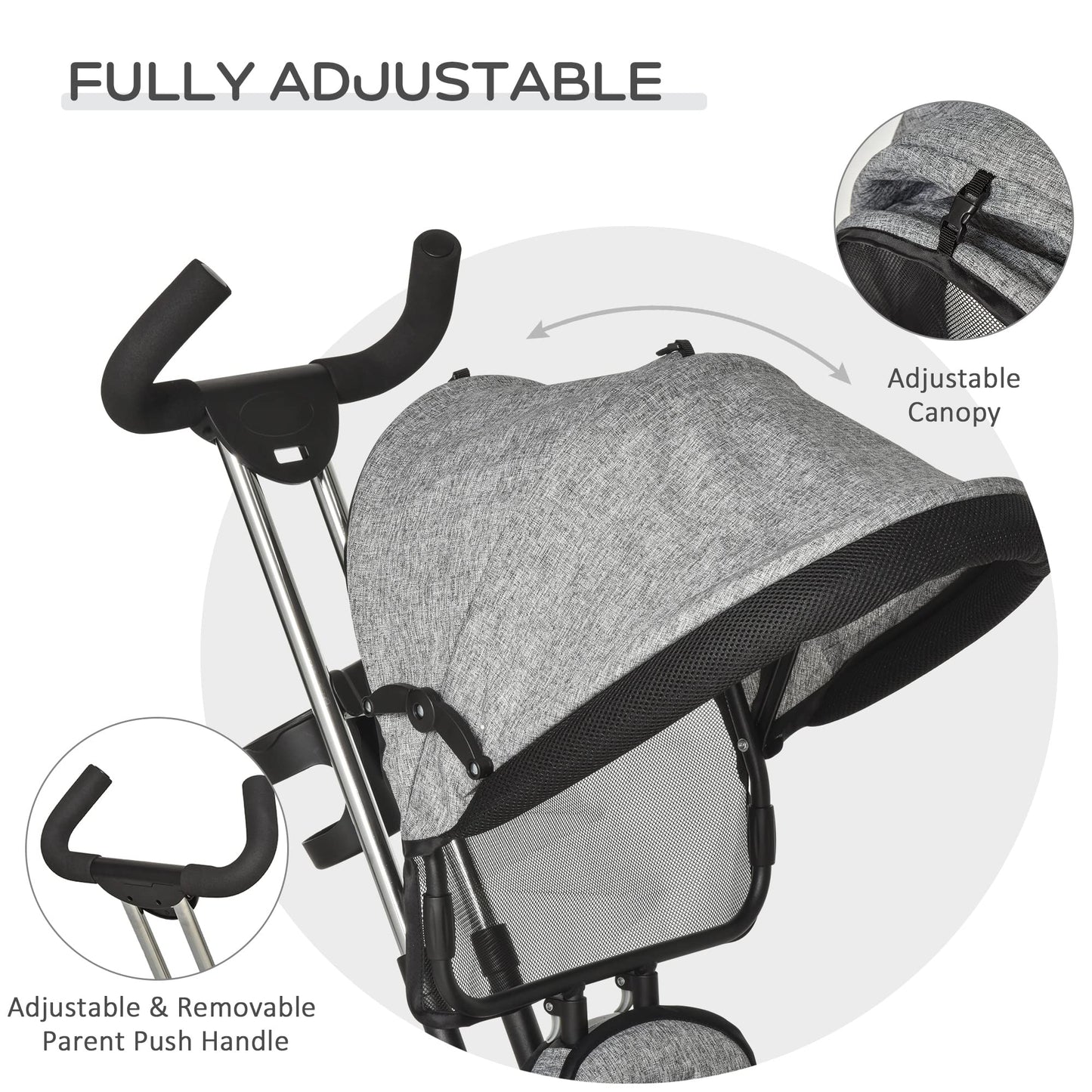 HOMCOM 4 in 1 Tricycle for Kids Toddler Trike with Parent Handle Push Along Pedal Trike Removable Canopy Safety Belt Storage Footrest for 18 Months to 5 Years Grey