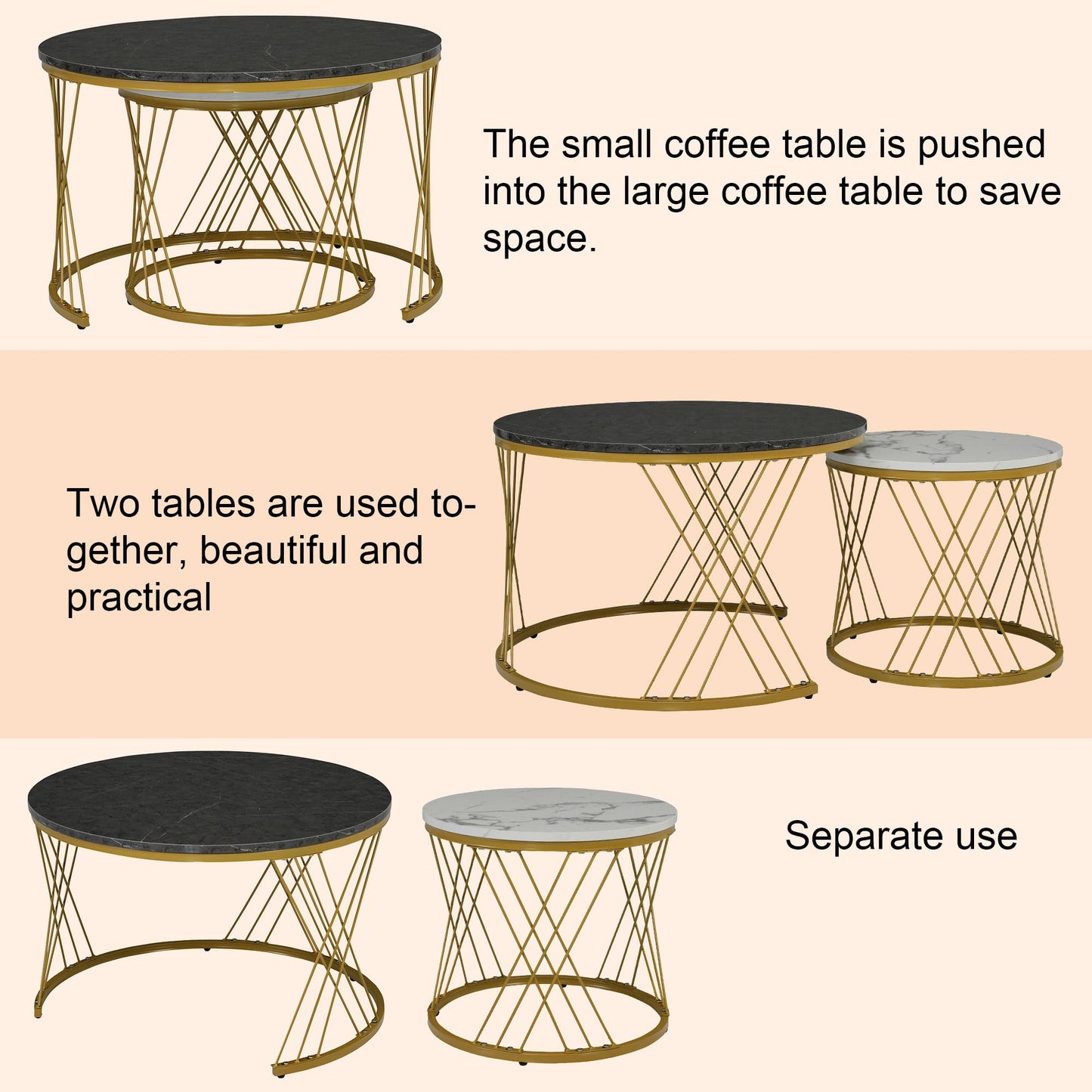 ModernLuxe 2-in-1 Coffee Table, Multi-functional Side Table with Marble Grain Veneer Top, Rattan Drawers, Solid Wood Handles, Gold Coloured Iron Legs, Round Nest of Tables for Living Room, Black
