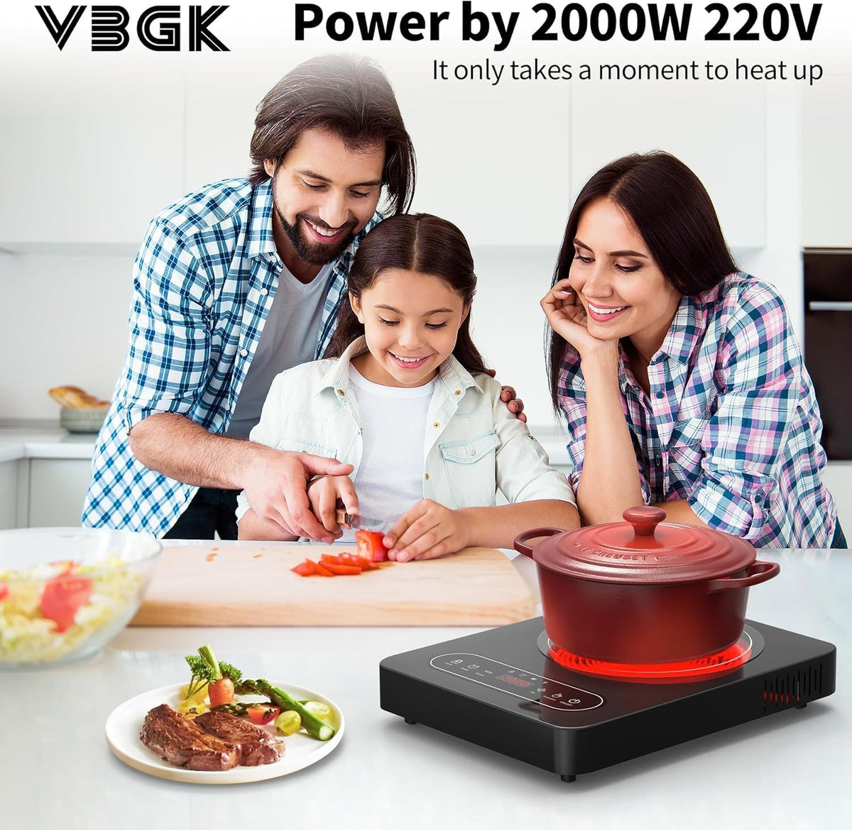 VBGK Portable Ceramic Hob, 2000W Portable Electric Hob, Electric Ceramic Hob, Single Cooking Zone with LED Display, 4-Hours Timer, Safety Lock, Residual Heat Indicator