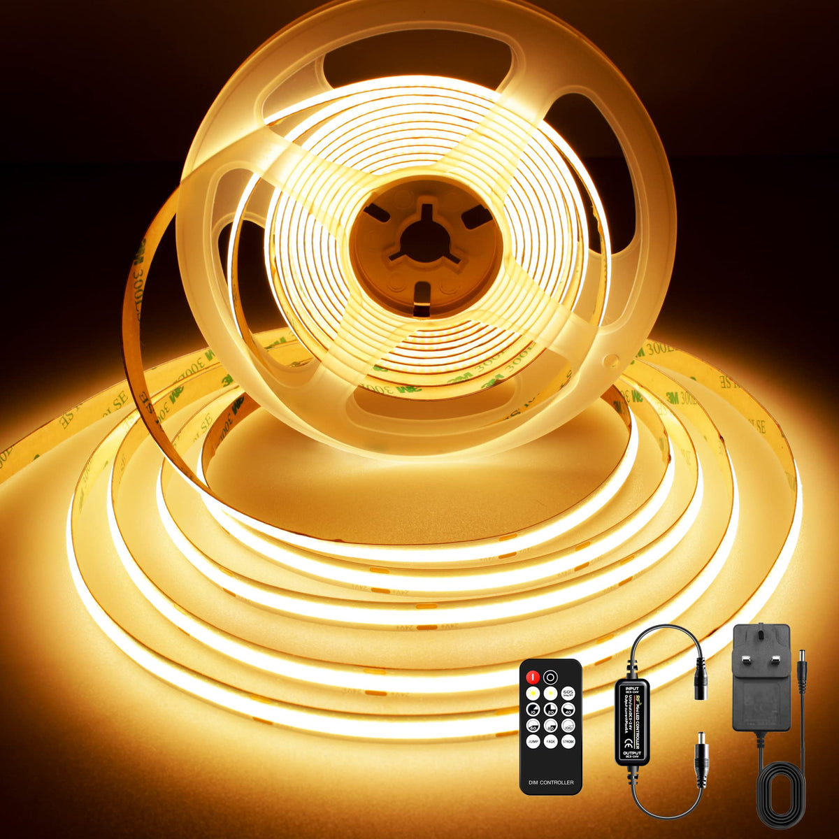 COB LED Strip 3m, 24V, Dimmable, Remote, Warm White, 2700K