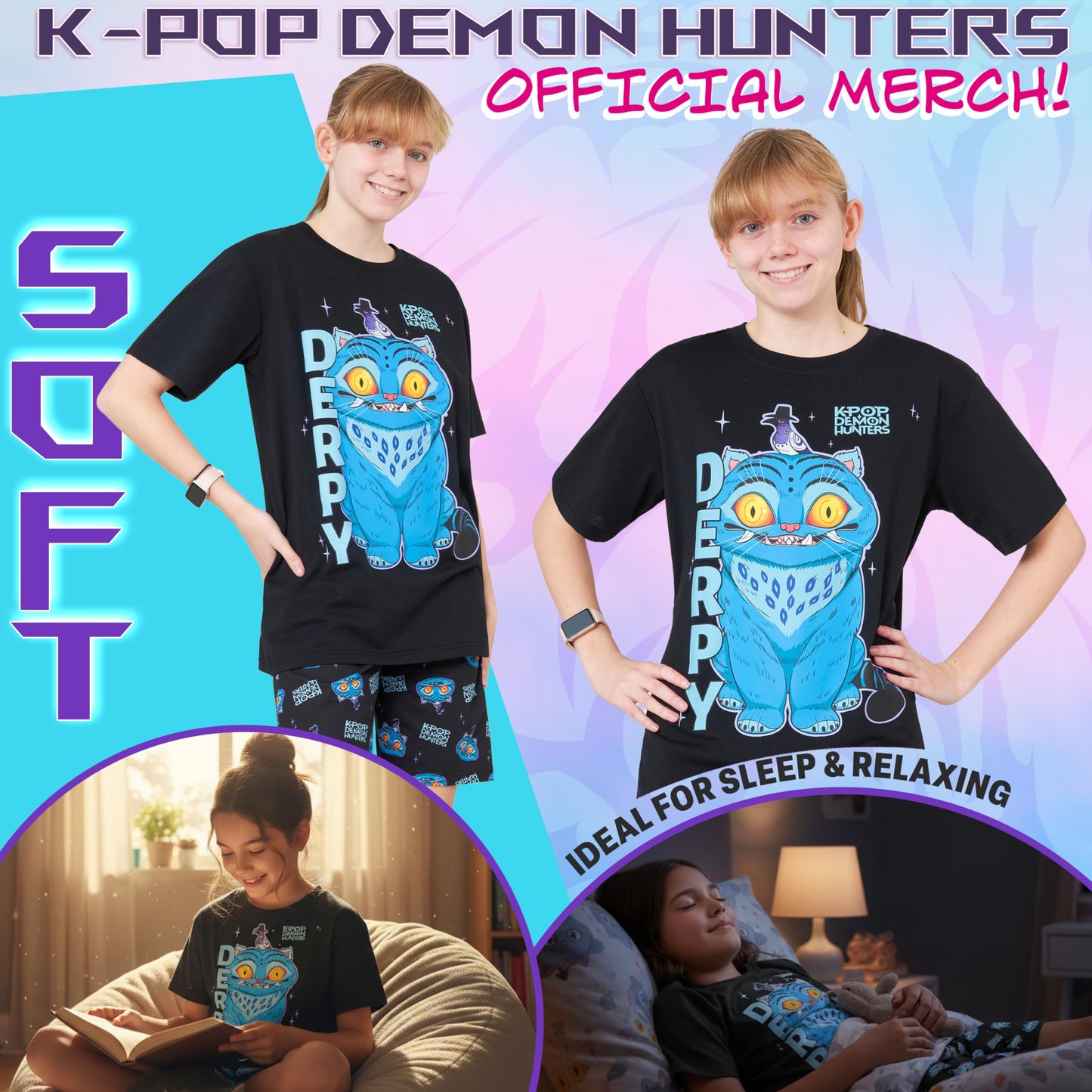 KPop Demon Hunters Official Girls Pyjama Set 5-14 Yrs, 2 Pcs Pjs Shorts & T-shirt, Huntrix Saja Boys Derpy Tiger Merch Gifts