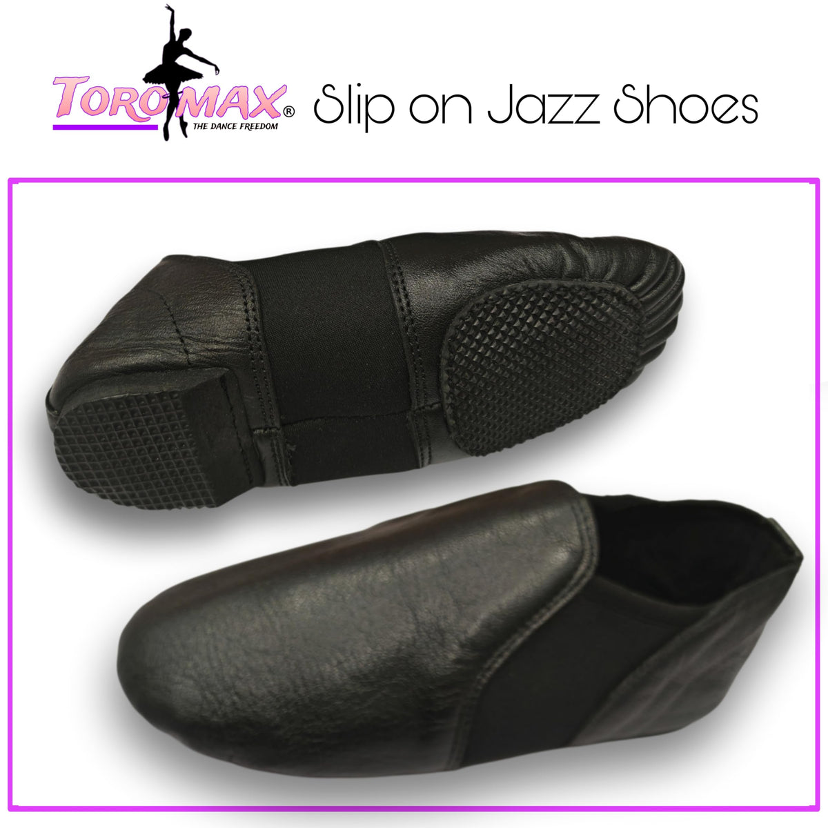 Slip On Jazz Dance Shoes - Black Leather - Modern Stage Rubber Heel Split Sole – Neoprene - Irish Dancing Pumps for Kids, Girls & Children