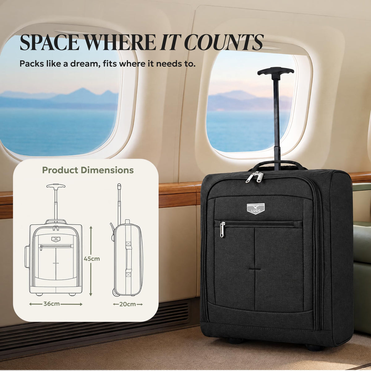 LUGG Lightweight Cabin Luggage, 600D Polyester, Solid Wheels, 45x36x20cm