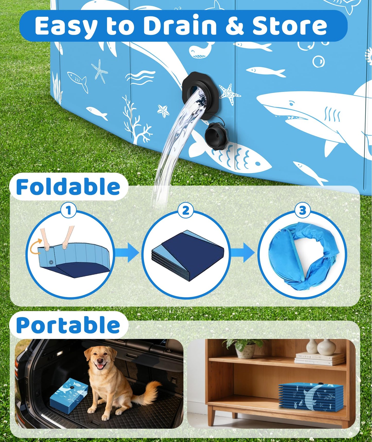 Instraella Dog Paddling Pool with Canopy, Large Dog Pool with UV Protection, Foldable Paddling Pool for Kids & Dogs, Thickened Pet Swimming Pool, Portable Dog Bath Tub for Small, Medium, Large Pets