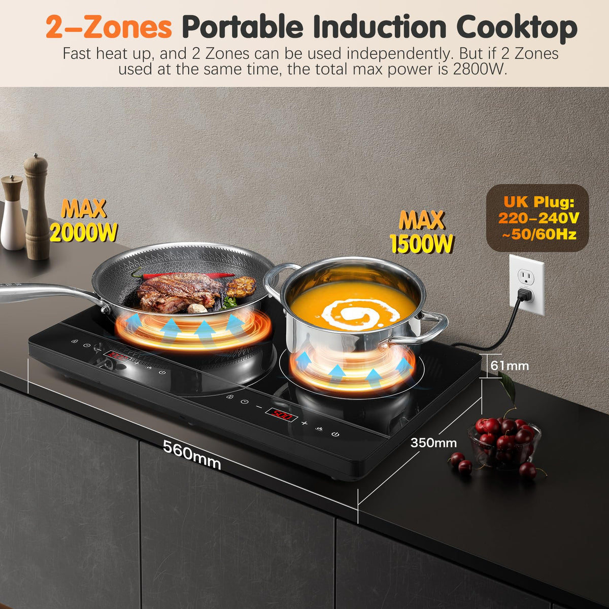 Single Induction Hob 2000W, Portable Induction Cooker with 10 Power & Temperature Levels, Touch Control, Child Lock, 3-Hour Timer, Residual Heat Indicator, Black Glass Panel Electric Hob