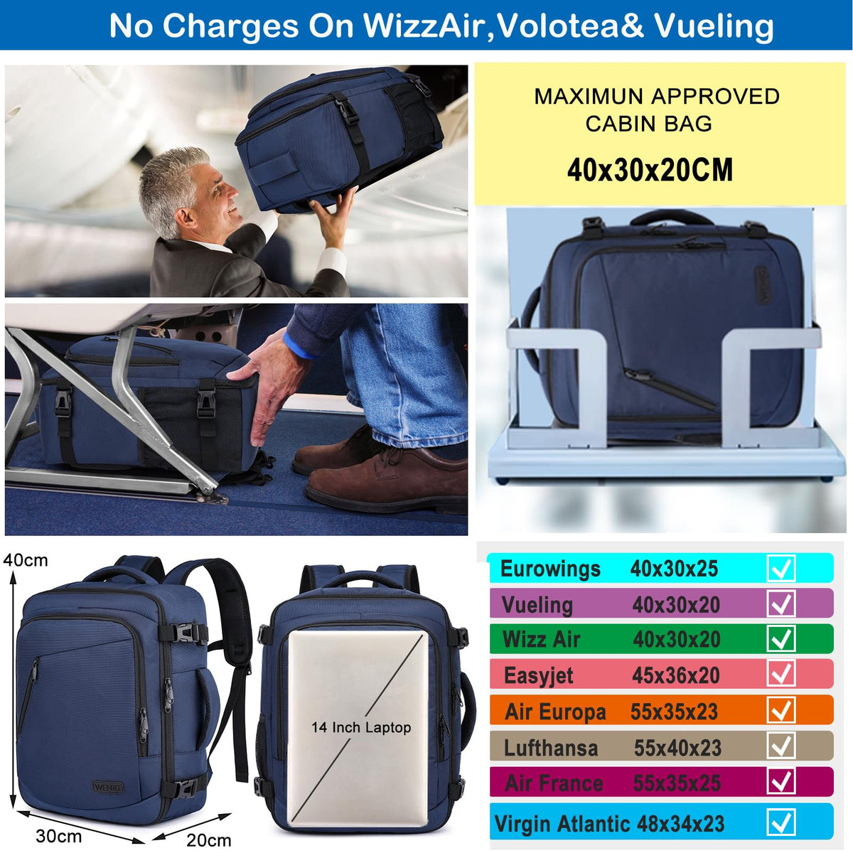 Ryanair Cabin Bags 40x30x20 Underseat 24L Small Travel Backpack Cabin Size