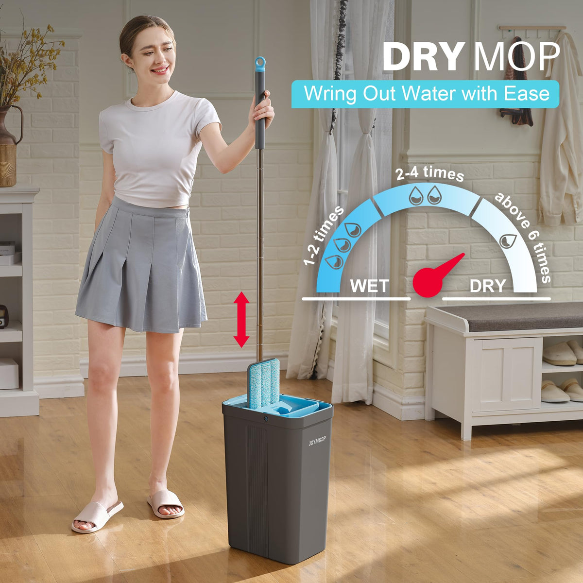 JOYMOOP Mop and Bucket with Wringer Set, Hands Free Flat Floor Mop and Bucket, with 3 Washable Microfiber Pads, Wet and Dry Use, Floor Cleaning System