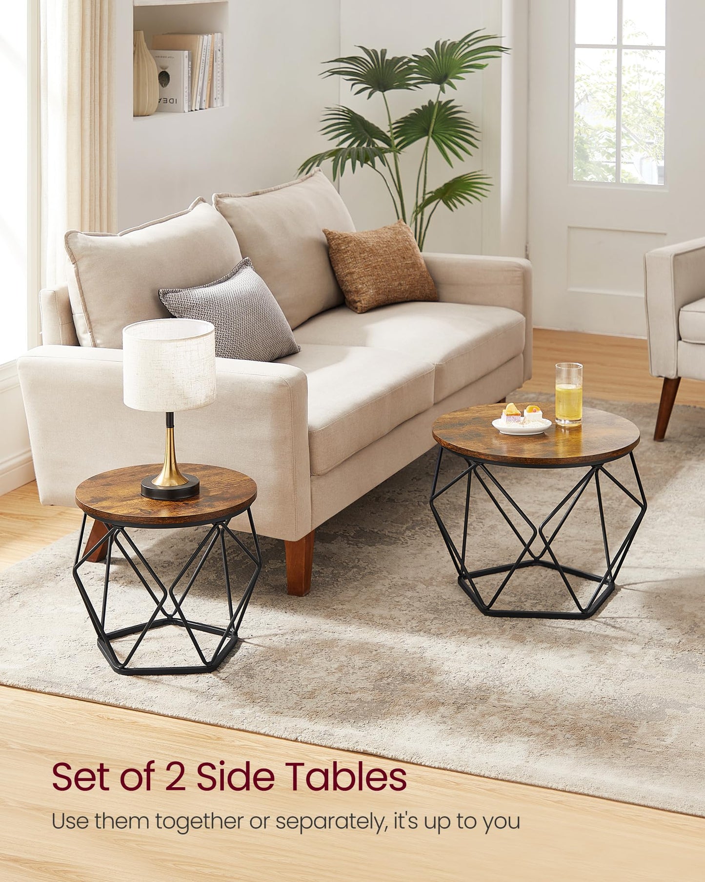 VASAGLE Coffee Tables, Set of 2 Side Tables, Robust Steel Frame, for Living Room, Bedroom, Rustic Brown and Black LET040B01