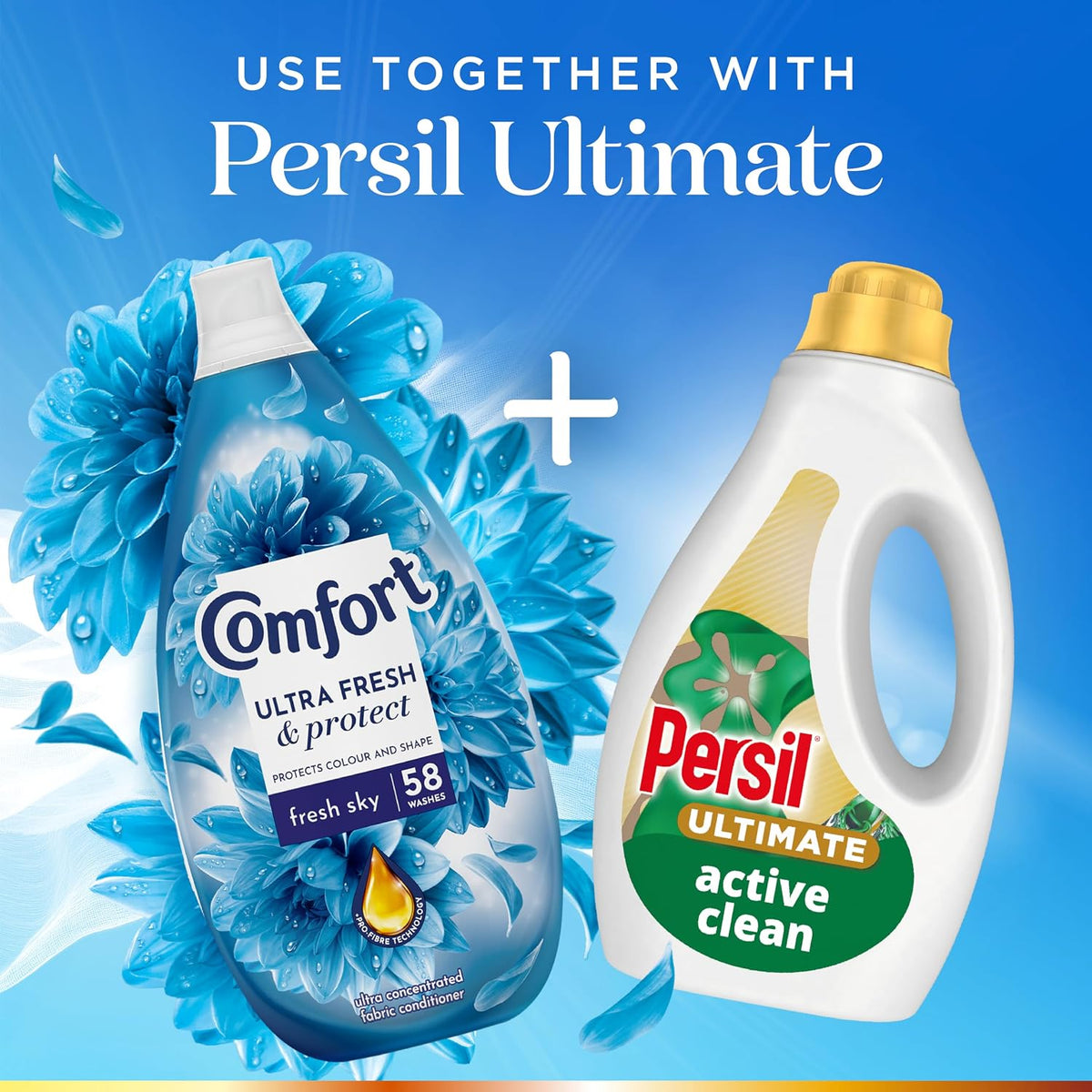 Comfort Ultra Fresh Fabric Conditioner Fresh Sky, 58 Washes (870 ml) – Infused with Essential Oils, Long-Lasting Fragrance