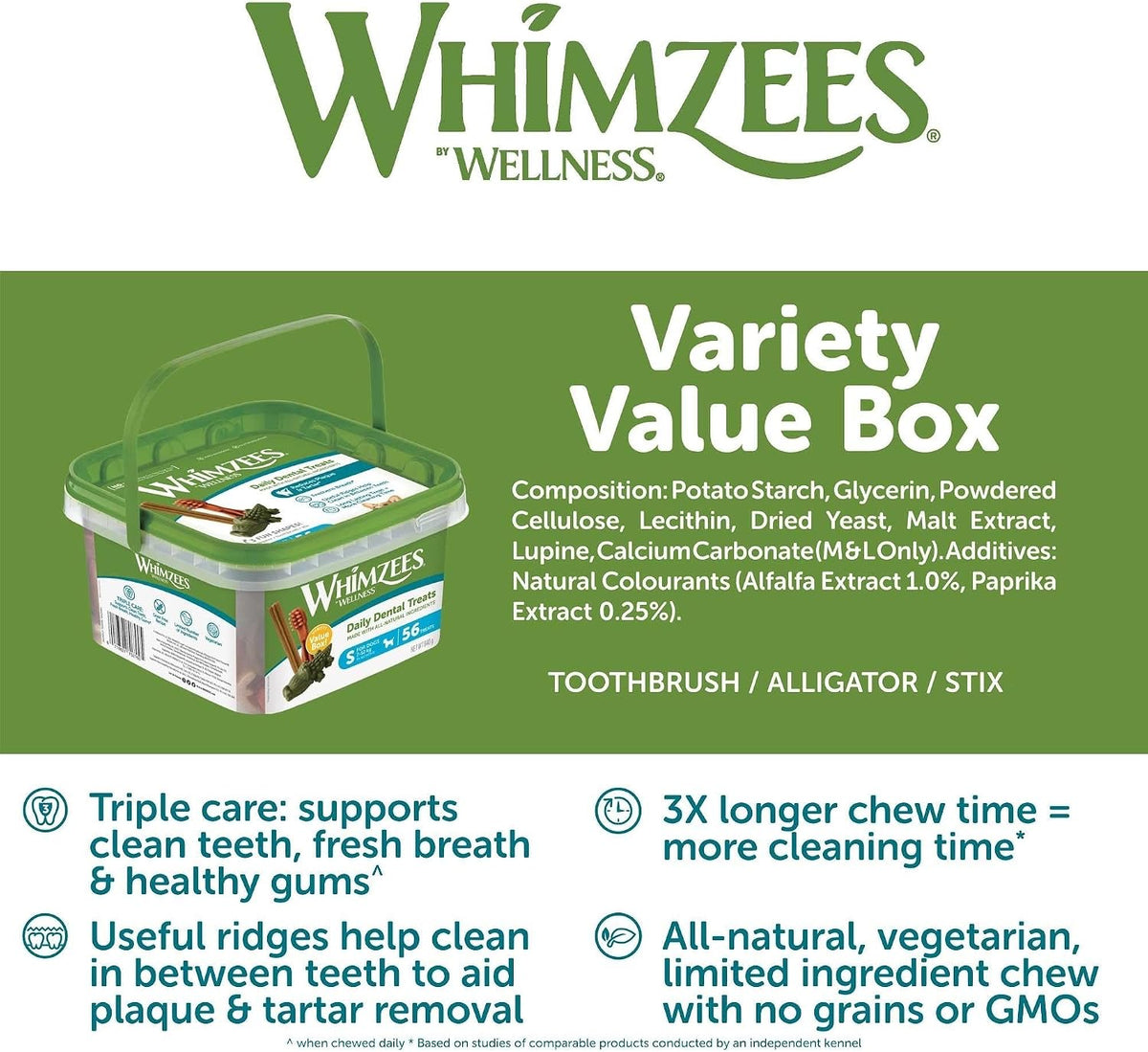 WHIMZEES Variety Box Dental S, 56 Pieces – Mixed Shapes, Size S