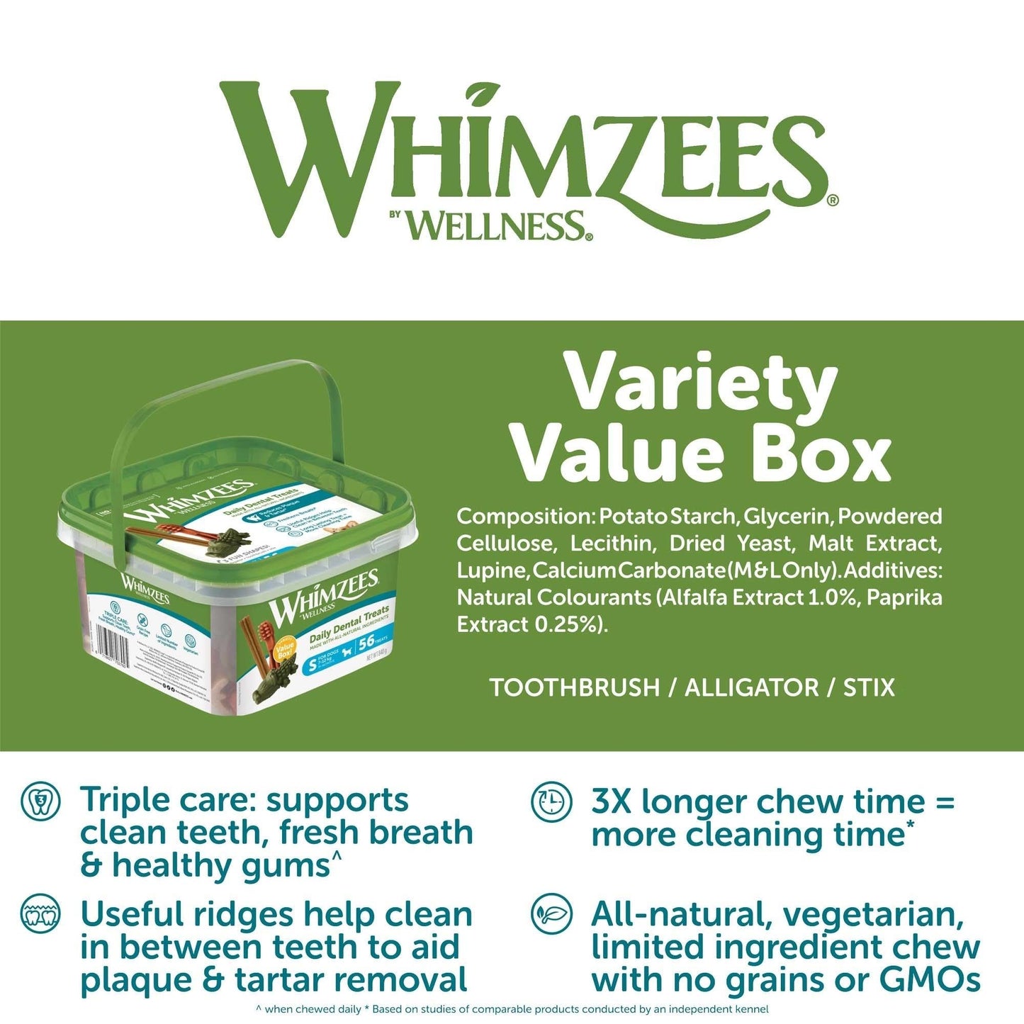 WHIMZEES Variety Box Dental S, 56 Pieces – Mixed Shapes, Size S, Dog Chews for Small Breeds, Natural and Grain Free, Rawhide-Free, Vegetarian, No Added Sugar