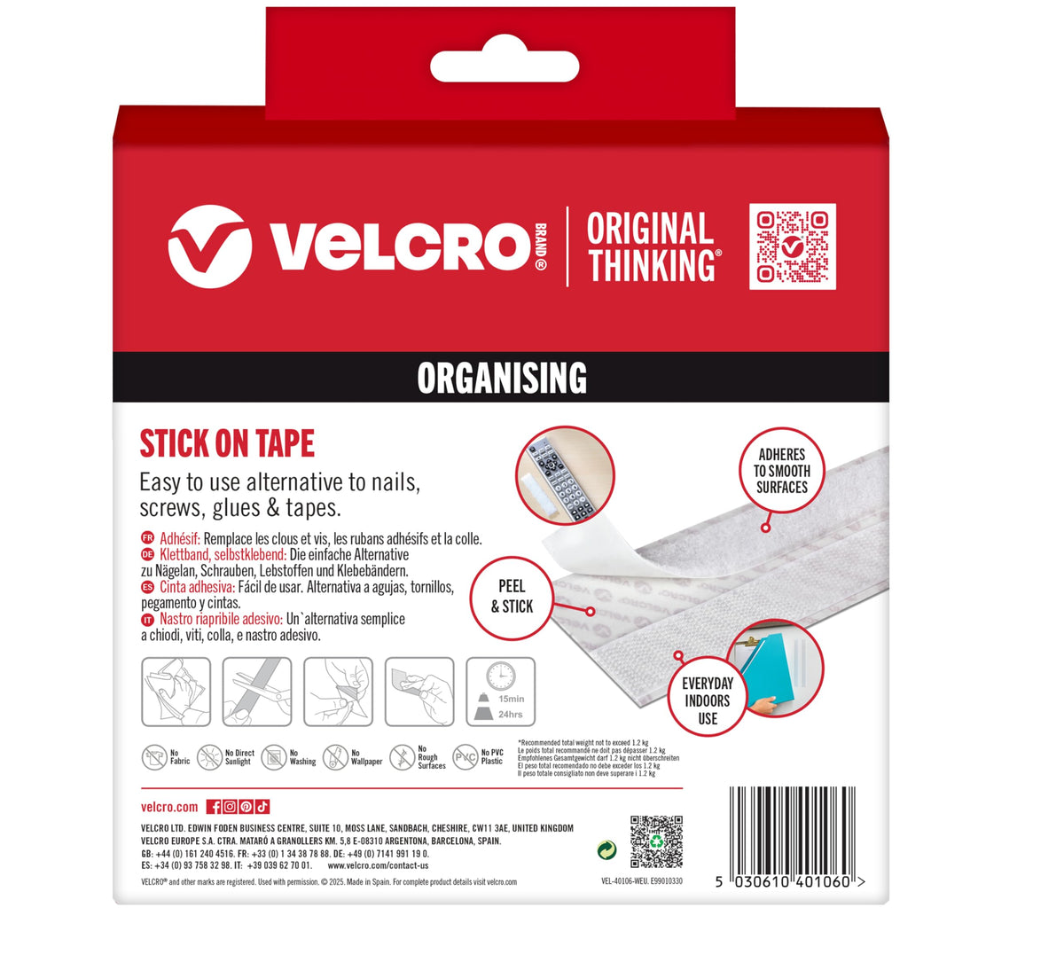 VELCRO Brand VEL60210 - Stick On Hook and Loop Fasteners | Perfect for Home or Office | 20mm x 1m Tape | White