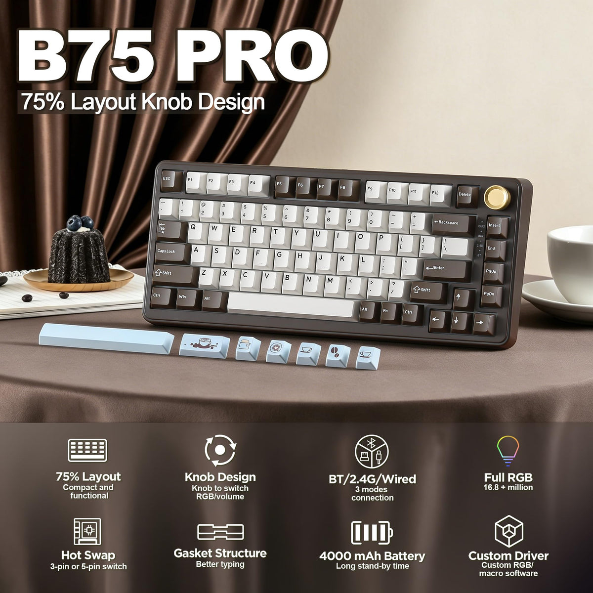 YUNZII B75 PRO 75% Wireless Mechanical Keyboard (Black Heart,Cocoa Switch)