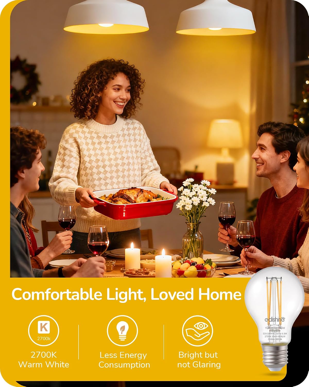 EDISHINE 6 Pack E27 Dimmable LED Edison Bulbs, 6.5W 2700K Warm White, 806LM