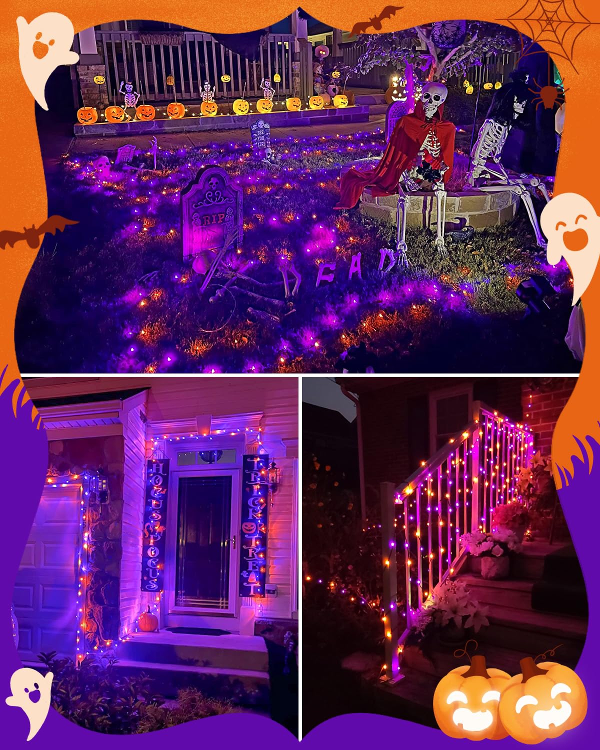Dalugo Halloween Decoration Lights, 5M 50 LED Orange Purple White Fairy Lights with Timer, IP65 Waterproof Battery Powered Lights for Indoor Outdoor Autumn Halloween Decorations(Green Wire)